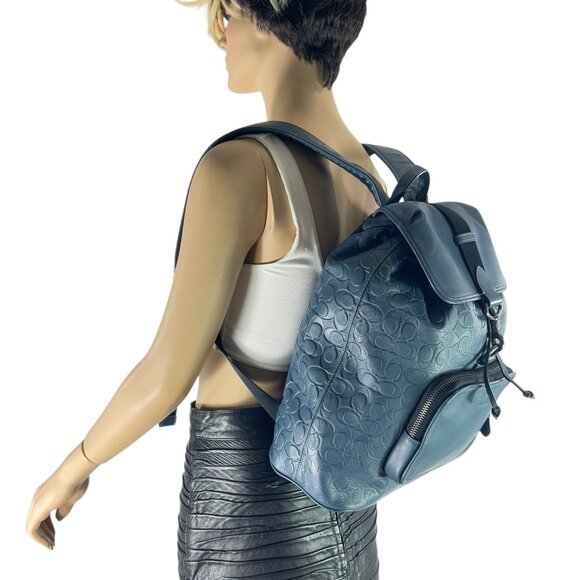 COACH Sky Blue Signature Leather Sullivan Unisex Drawstring Backpack - Picture 13 of 13